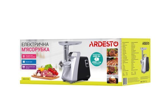 М'ясорубка ARDESTO 2100Вт, 2кг/хв, 3 решітки, насадка для ковбас, кеббе, томатів, 3 терки, бургер-прес, пластик, чорно-срібний (358969) MGK-2100 фото