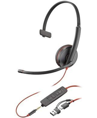 Гарнітура комп'ютерна моно On-ear Poly Blackwire 3215, USB-A, USB-C, 3.5 мм, всеспрямований, чорний (375278) 8X227AA фото