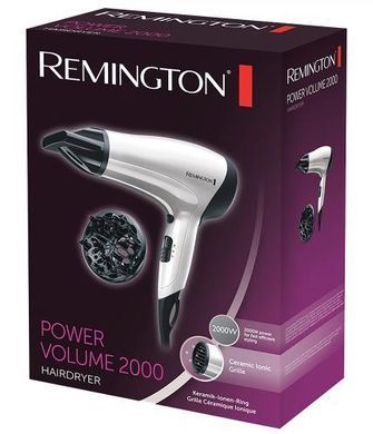 Remington Фен Power Volume 2000, 2000Вт, режимов-3, дифузор,турмалиновая иониз-я, хол. обдув, белый D3015 фото