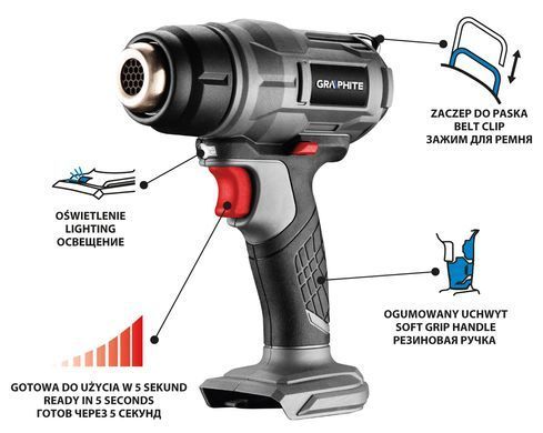 Акумуляторний термофен GRAPHITE 58G082 (18V, 550&deg;C, 200 л/хв) без АКБ 58G082 фото