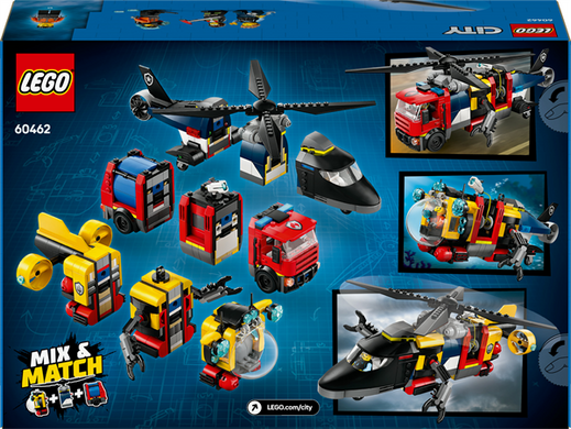 Конструктор LEGO City Ремікс вертольотів, пожежних машин і підводних човнів 874 деталі (60462)