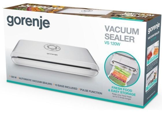 Вакууматор Gorenje для пакетів, 120Вт, 30см, електронне керування, +10 пакетів, пластик, білий (350921) VS120W фото