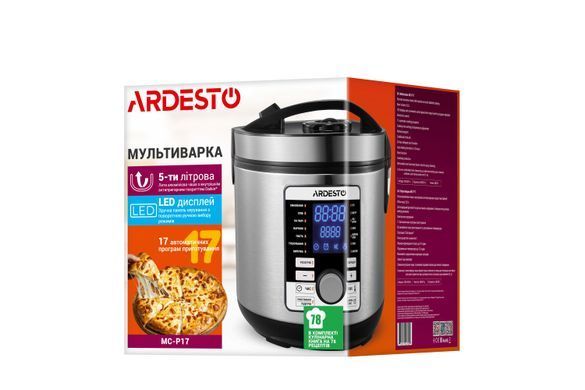 Мультиварка ARDESTO MC-P17, 860Вт, чаша-5л, електр. керування , книга рецептів, нерж. сталь+пластик, срібляста (364582) MC-P17 фото