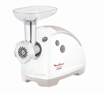 Moulinex М'ясорубка, 2000Вт, 2.6кг/хв, 2 решітки, насадка для ковбас, кеббе, томатів, 5 терок, пластик, біло-сірий (367264) ME626T_XF2 фото