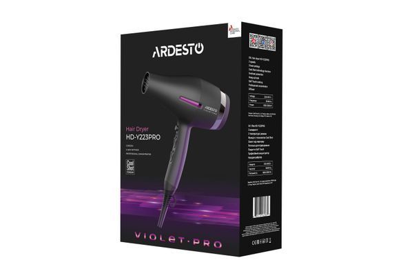 ARDESTO Фен Violet PRO HD-Y223PRO, 850-2200Вт, 2 скорости, 3 темп.режима, диффузор, черный HD-Y223PRO фото