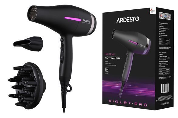 ARDESTO Фен Violet PRO HD-Y223PRO, 850-2200Вт, 2 скорости, 3 темп.режима, диффузор, черный HD-Y223PRO фото