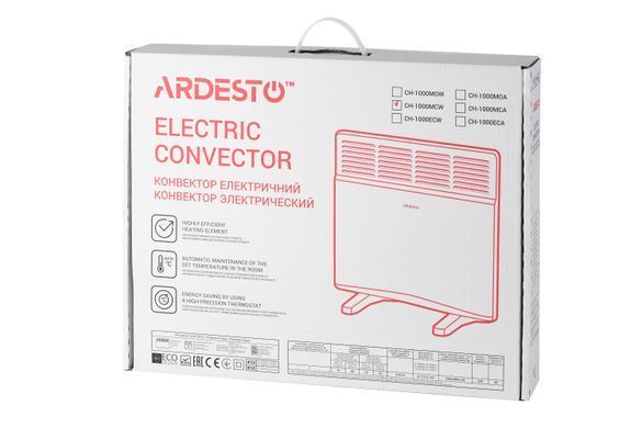 ARDESTO Конвектор электрический CH-1000MCW, 1000 Вт, 10 м2, закрытый нагрев. элемент, IP24, мех. упр-ние, белый
