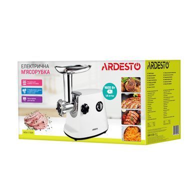 Мясорубка ARDESTO 1600Вт, продук.-1.6кг/мин, 3 решетки + для ковб., кеббе, 3 терки, пластик, бело-серебристый (368065) MGA-1750R фото