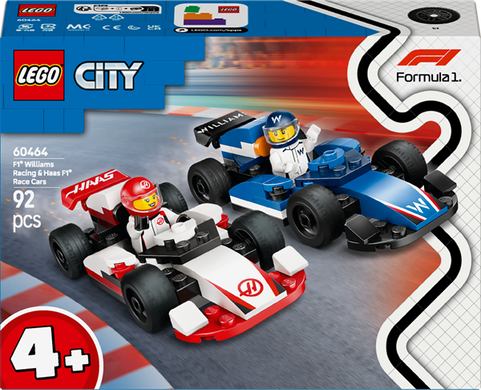 Конструктор LEGO City Автомобили для гонки F1 команд Williams Racing и Haas F1, 92 детали (60464)