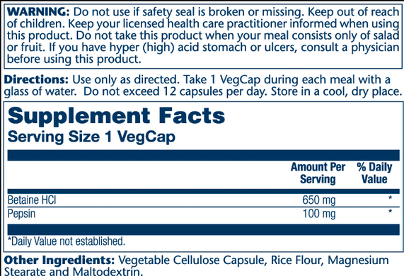 High Potency Betain HCl with Pepsin 650mg - 100 vcaps Solaray