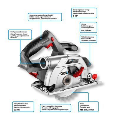 Циркулярная пила GRAPHITE Energy+ 18V, артикул 58G050, с бесщеточным, без акбизу 58G023 фото