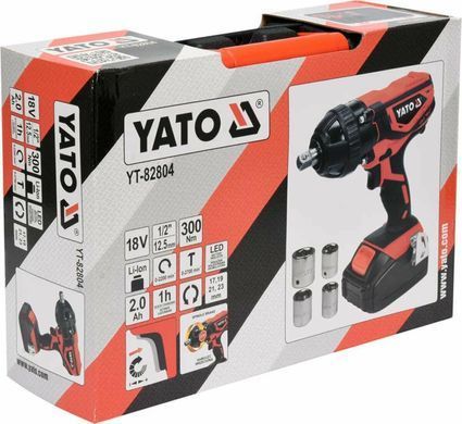 Гайковерт ударный аккумуляторный YATO 18В, 2 АГод. квадрат 1/2", 300 Нм. +4 головки YT-82804 фото