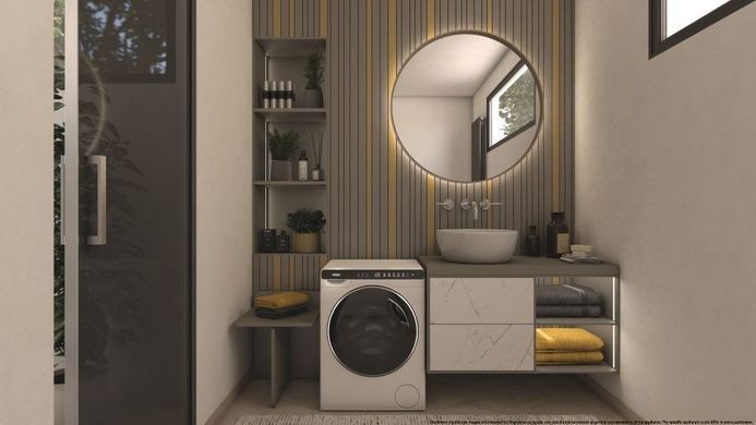 Haier Пральна машина фронтальна, 5кг, 1000, A+++, 44см, дисплей, інвертор, люк чорний, висота 70см, білий (372639) HW50-BP12307 фото