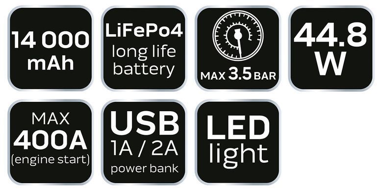 Пусковий пристрій Neo Tools "Jumpstarter" 11-997, 14000 мАг, до 400 А, з компресором та функцією Powerbank 11-997 фото
