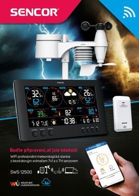 Метеостанція Sencor, внутр/зовн вимірювання, від мережі/CR2032x1+AAx2+AAx3, темп-ра, вологість, час, прогноз погоди, атмосферний тиск, шв. вітру, підкл. до WIFI, чорний (354437)