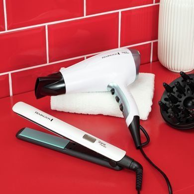 Remington Фен+випрямляч набір Shine Therapy, 2300Вт, 3 режими, дифузор,щипці для волосся(150-230&deg;С,кераміка), біло-блакитний (366639) S8500GP фото