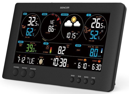 Метеостанція Sencor, внутр/зовн вимірювання, від мережі/CR2032x1+AAx2+AAx3, темп-ра, вологість, час, прогноз погоди, атмосферний тиск, шв. вітру, підкл. до WIFI, чорний (354437)