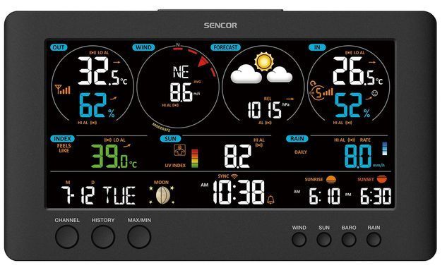 Метеостанція Sencor, внутр/зовн вимірювання, від мережі/CR2032x1+AAx2+AAx3, темп-ра, вологість, час, прогноз погоди, атмосферний тиск, шв. вітру, підкл. до WIFI, чорний (354437)