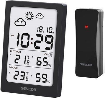 Метеостанция Sencor, внутр/наруж измерение, AAAx2+AAx2, темп-ра, влажность, время, чёрный