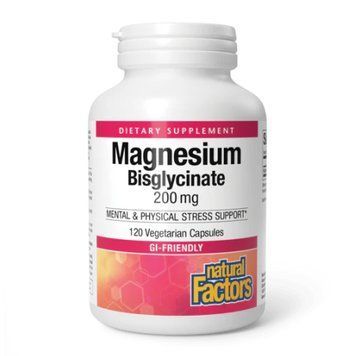 Магний Бисглицинат, 200 мг, Magnesium Bisglycinate, Natural Factors, 120 вегетарианских капсул