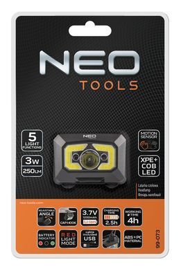 Налобный фонарь Neo Tools 99-073, COB LED, 250 лм, с датчиком движения, красный свет. 99-073 фото