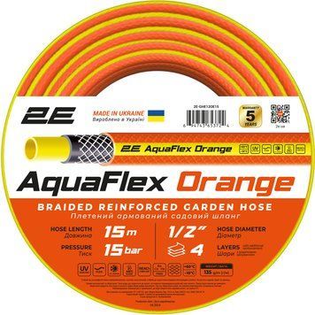 Шланг садовий 2Е AquaFlex Orange 1/2" 15м 4 шари 20 бар 2E-GHE12OE15 фото