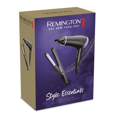 Remington Фен + выпрямитель Style Essentials набор, 2000Вт, режимов-3, фен D3010 + щипцы для волос S1450, фиолетово-черный D3016GP фото