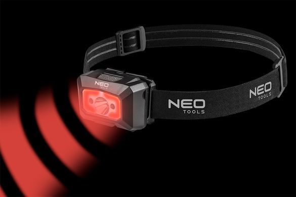 Налобный фонарь Neo Tools 99-073, COB LED, 250 лм, с датчиком движения, красный свет. 99-073 фото