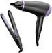 Remington Фен + выпрямитель Style Essentials набор, 2000Вт, режимов-3, фен D3010 + щипцы для волос S1450, фиолетово-черный D3016GP
