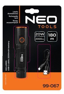 Акумуляторний ліхтар NEO 99-067, 2000 лм, 20 Вт, USB-C, 5 режимів, дальність 180 м 99-067 фото