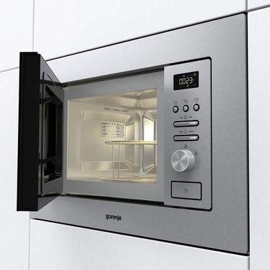 Gorenje Мікрохвильова піч вбудовувана, 20л, міх. управл., 800Вт, гриль, дисплей, інвертор, нерж (351337) BMI201AG1X фото