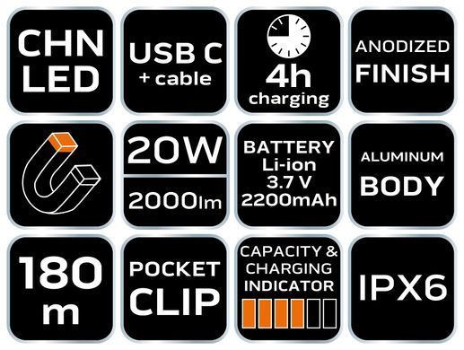 Акумуляторний ліхтар NEO 99-067, 2000 лм, 20 Вт, USB-C, 5 режимів, дальність 180 м 99-067 фото