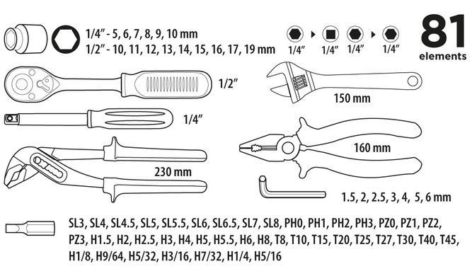 Набор инструментов Top Tools 38D510 1/4", 1/2", 81 шт. 38D510 фото