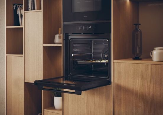 Haier Духовой шкаф электрический, 78л, A++, дисплей, конвекция, пиролиз, телескопические направляющие, черный H6ID25G3YTB фото