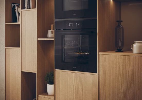 Haier Духовой шкаф электрический, 78л, A++, дисплей, конвекция, пиролиз, телескопические направляющие, черный H6ID25G3YTB фото