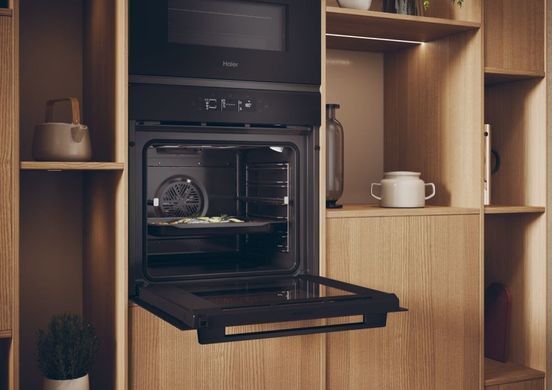Haier Духовой шкаф электрический, 78л, A++, дисплей, конвекция, пиролиз, телескопические направляющие, черный H6ID25G3YTB фото