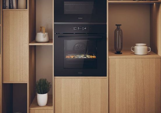 Haier Духовой шкаф электрический, 78л, A++, дисплей, конвекция, пиролиз, телескопические направляющие, черный H6ID25G3YTB фото