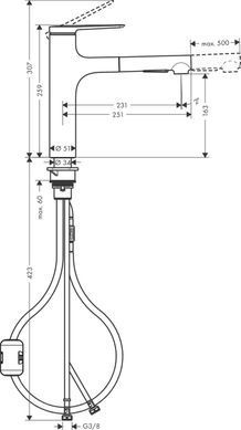 Смеситель для кухни Hansgrohe Zesis M33, дл.излива - 231мм, вытяжной, 1 рычаг, KM160, хром