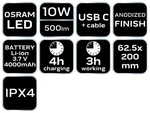 Ліхтар акумуляторний NEO 99-070, USB-C, Osram LED, 500 лм, 10 Вт 99-070 фото