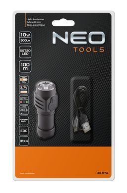 Компактный аккумуляторный фонарь NEO Tools 99-074, 500 лм, SST20, USB-C, алюминий, дальность 100 м 99-074 фото