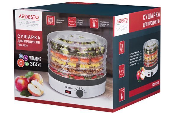 Сушилка для продуктов ARDESTO FDB-5320, 245Вт, поддонов -5x3см, диаметр-32см, макс-70&deg;С, рег.темп, пластик, белый (309798) FDB-5320 фото