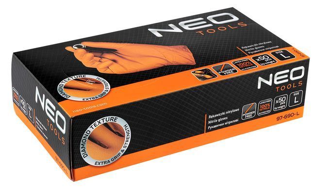 Нітрилові рукавички NEO Tools 97-690 помаранчеві, 50 шт., універсальні захисні. розмір 9/L