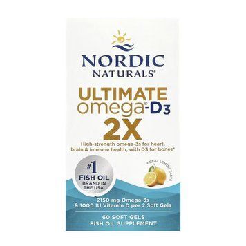 Рыбий жир с витамином Д3 Nordic Naturals Ultimate Omega D3 2X 60 капсул вкус лимона