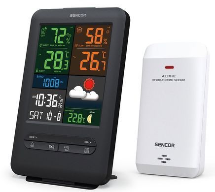 Метеостанція Sencor, внутр/зовн вимірювання, від мережі/CR2032х1+AAx2, темп-ра, вологість, час, прогноз погоди, атмосферний тиск, чорний (354744)