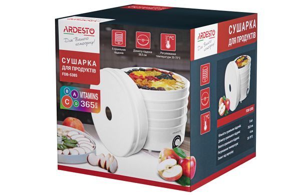 Сушарка для продуктів ARDESTO FDB-5385, 520Вт, піддонів -5x4см, діаметр-38,5см, макс-70&deg;С, рег.темп, пластик , білий (309799) FDB-5385 фото