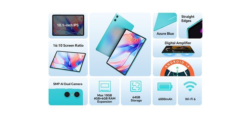Планшет Teclast P30 10,1" 4ГБ, 64ГБ, 6000мА&bull;ч, Android, голубой 6940709686201 фото