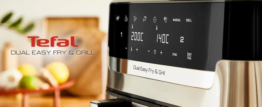 Tefal Мультипіч на 2 чаші Dual Easy Fry & Grill Air Fryer, 2700Вт, чаша-8,3 (5,2+3,1)л, сенсорне керування, 8 програм, гриль, пластик, нерж. сталь (371393) EY905D10 фото