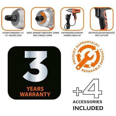 Ударний гайковерт NEO TOOLS 04-719, 450 Вт, 1/2", 350 Нм, 4 голівки, кабель 6 м 04-719 фото