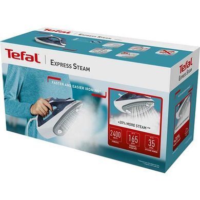 Tefal Праска Express Steam, 2400Вт, 270мл, паровий удар -165гр, постійна пара - 35гр, керам. підошва, біло-синій (367486) FV2837E0 фото
