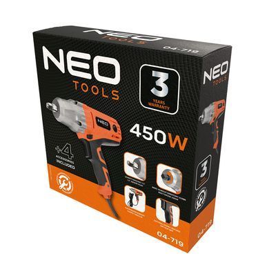 Ударний гайковерт NEO TOOLS 04-719, 450 Вт, 1/2", 350 Нм, 4 голівки, кабель 6 м 04-719 фото